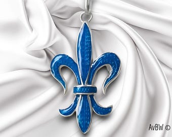 Sterling Silver 925 Royal Fleur de Lys Pendant Deep Blue Enamel - French Heraldic Christian Jewelry Purity and Nobility - Handmade Jewelry