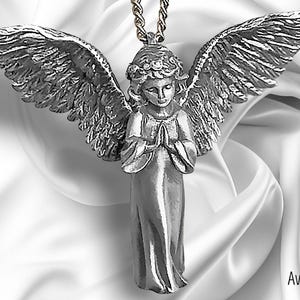 Large Guardian Angel Pendant - Solid Sterling Silver - Divine Protection Praying Angel, Spiritual Gift - Art Nouveau Style - Sacred Jewelry