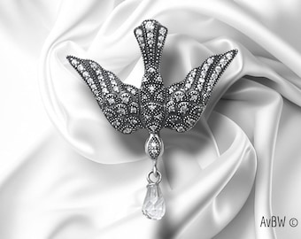 Christian Holy Spirit Dove Brooch in 925 Sterling Silver with Rock Crystal Drop and Set Cubic Zirconia