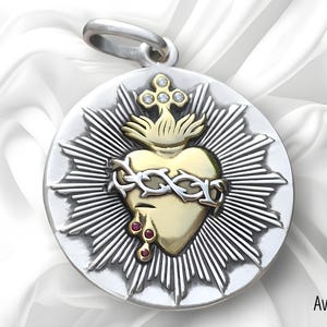 Sacred Heart of Jesus Pendant - Sterling Silver and Gold Brass - Genuine Rubies, Diamonds (Moissanite) - Faith - Religious medal necklace