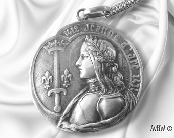 Trés grande Médaille de Jeanne d'Arc - Pendentif d'Exception en Argent Massif - design Art Nouveau - Foi Chrétienne - Protection - Cadeau