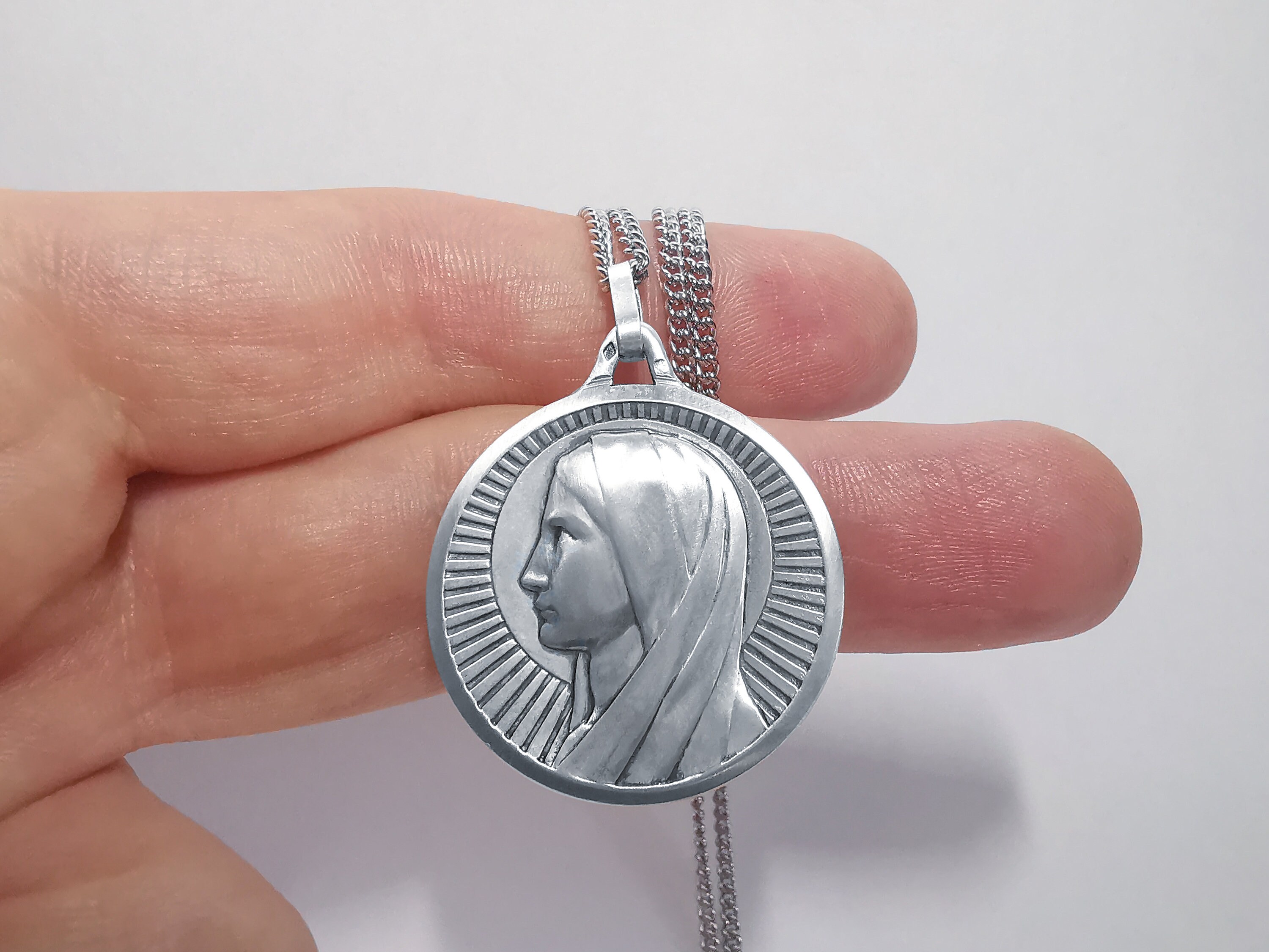 Médaille Antique de Marie en Argent Massif, French Mary Medal, Catholic Religious Sterling Silver Pu