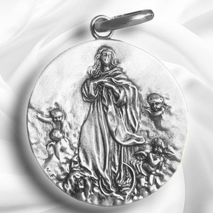Pendant - Large Immaculate Conception Medal of Mary Sterling Silver, 29X25 mm - Soult Our Lady of the Angels Gift, Spiritual Jewelry
