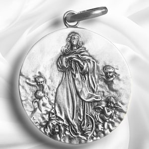 Grote medaille van Maria hanger - Sterling zilver, Onbevlekte Ontvangenis, 29X25 millimeter - De Maagd met Engelen van de Ziel - Christelijk geschenk