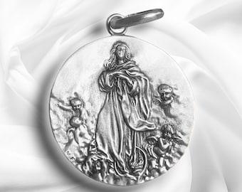 Pendant - Large Immaculate Conception Medal of Mary Sterling Silver, 29X25 mm - Soult Our Lady of the Angels Gift, Spiritual Jewelry