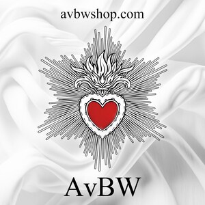 May include: A white background with a black and white illustration of a heart with flames on top. The heart is red and the text "AvBW" is below the heart.