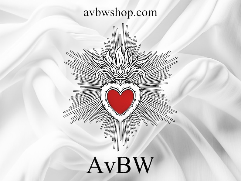 May include: A white background with a black and white illustration of a heart with flames on top. The heart is red and the text "AvBW" is below the heart.