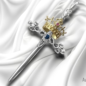 Ciondolo o spilla con croce e spada reale, argento sterling, rubini e zaffiri naturali, corona d'oro, regalo cristiano, re di Francia