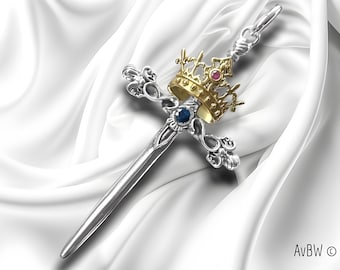 Royal Sword Cross Pendant or Brooch, Sterling Silver - Natural Ruby and Sapphire, Golden Crown - Christian Gift - Kings of France