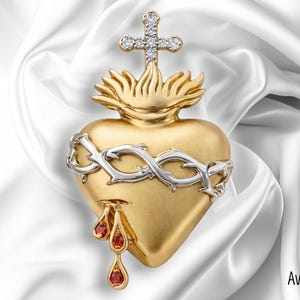 Joyería religiosa – Pequeño colgante exvoto del Sagrado Corazón de Jesús – Plata de ley 925, oro de 18 quilates, rubí y moissanitas – Fe cristiana – AvBW – Regalo sagrado