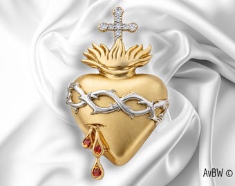 Sacred Heart of Jesus Necklace – 925 Sterling Silver & 18K Gold Plated – Ruby, Moissanites – Catholic Christian pendant - Jewelry Gift