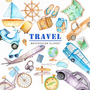 Travel Watercolor Clipart | Journey Summer Holiday png | World Bon Voyage design digital | Traveling Transport  | Tourism clipart | Vacation