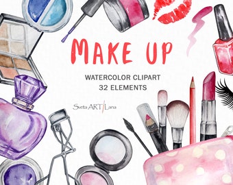Watercolor Makeup Clipart | Cosmetics Clipart | Makeup Brushes | Beauty Girl Clipart | Beauty Salon Visagiste | Perfume, Nail Polish png