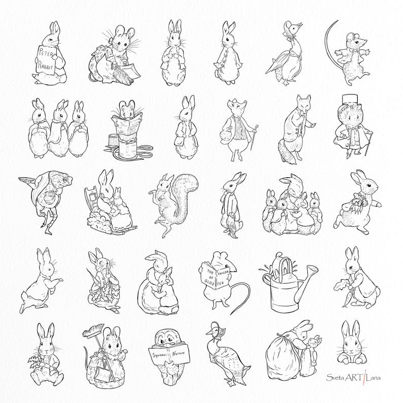 Peter Rabbit Line Art Clipart | Black and White Peter Rabbit PNG ...