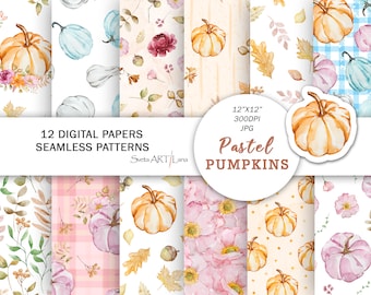 Watercolor Pastel Pumpkin Digital Paper | Autumn Floral Seamless Pattern (Digital Download)