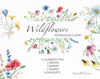 Watercolor Wildflowers clipart Meadow Clipart, Wedding Clipart, wild flowers bouquets, frame Floral Spring Summer Wild flower, botanical