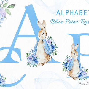 Peter Rabbit bloemen blauw alfabet clipart | Aquarelalfabet PNG | Pieter Konijn 26 letters | Blauwe bloemenbrief | monograminitialen, png