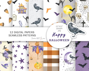 Happy Halloween Digital Papers | Watercolor Spooky Halloween Seamless Patterns | Halloween Party Decoration Printable Paper | Cute Halloween