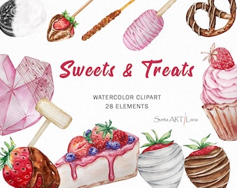 Breakable Hearts Clipart | Chocolate Covered Strawberry Clipart | Popsicles Clipart | Dessert Download | watercolor sweets and treats png