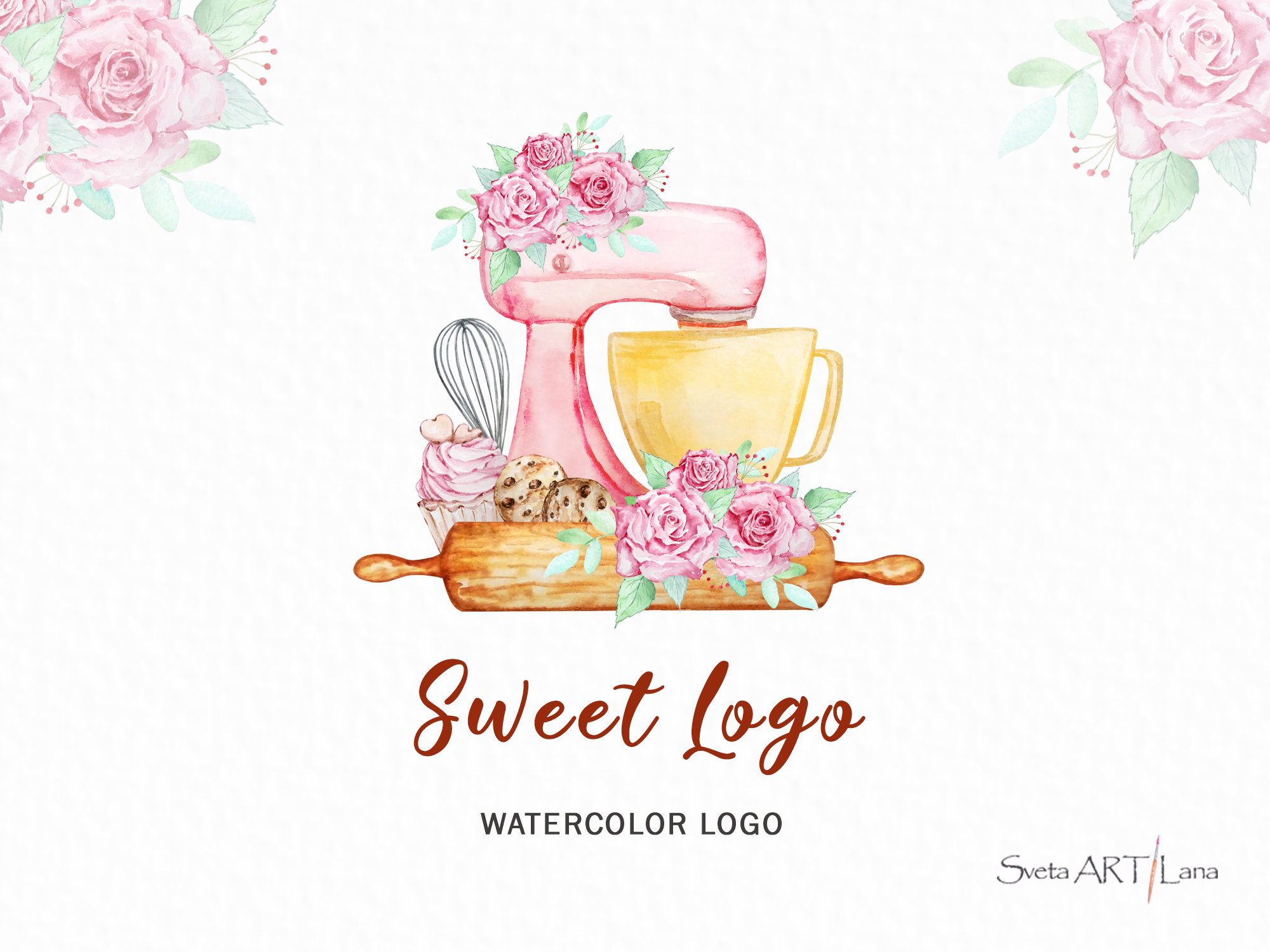 Premade Baking Logo Pink Mixer. Cake Logo Watercolor Bakery Etsy