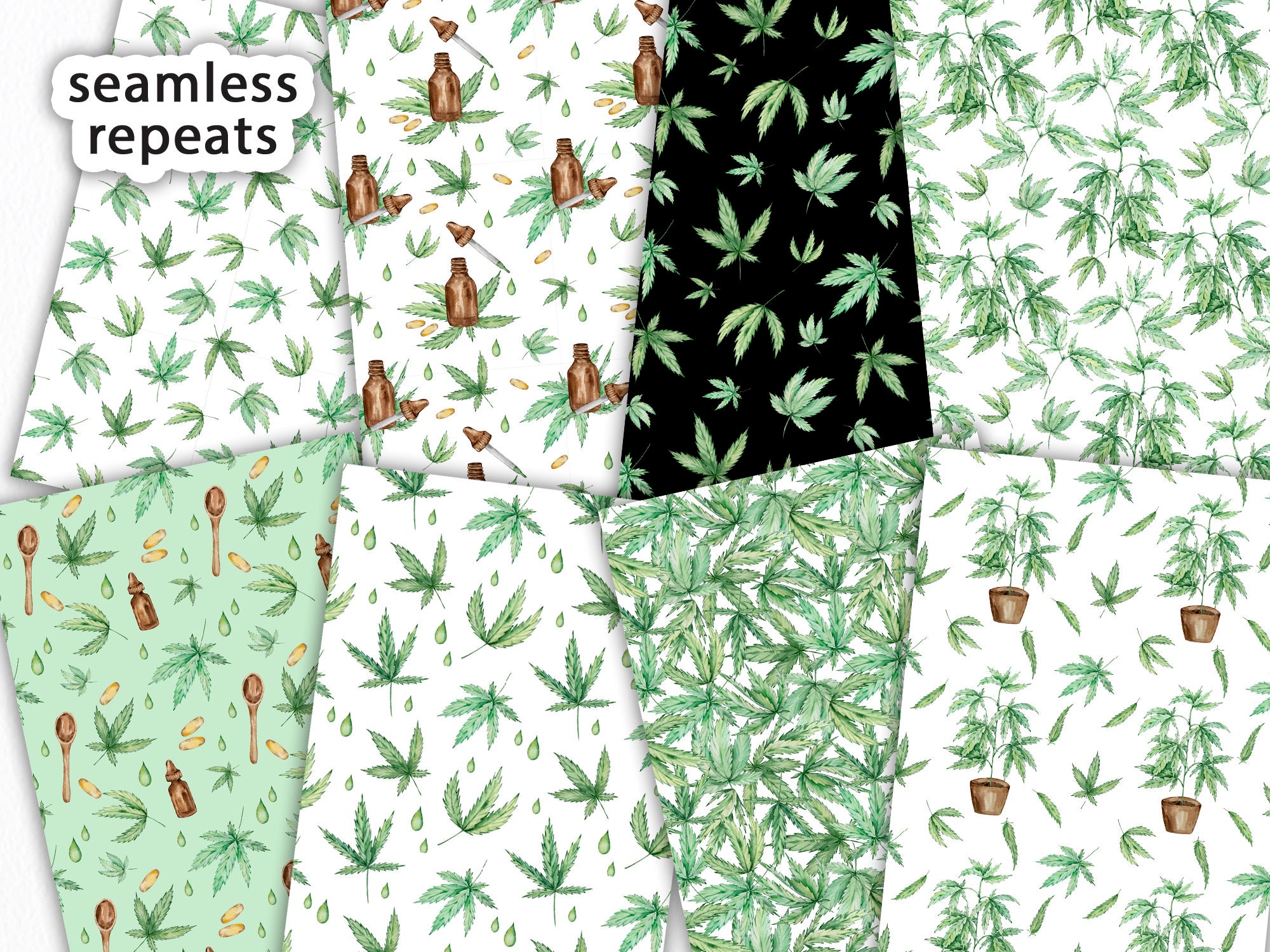 Cannabis Watercolor Digital Paper Hemp Wrapping Paper Etsy