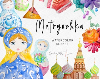 Matrjosjka akvarell Clipart | Rysk docka Clipart | Docka png | Kreml i Moskva | Ryska blommor | Folkmusikinstrument