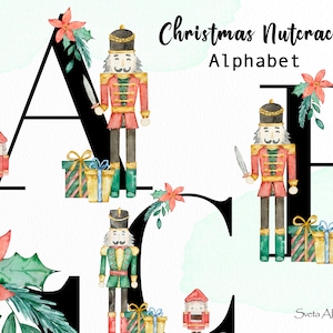 Alfabeto quebra-nozes de Natal clipart | Letras de quebra-nozes em aquarela png | Alfabeto de inverno | iniciais de monograma PNG | Alfabeto de berçário png
