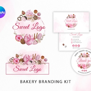 Bewerkbare zakelijke bakkersbundel | Bakkerijvisitekaartje | Branding van aquarel hart breekbaar logo | Zoete lekkernijen kant-en-klaar sjabloon voor logo bewerken