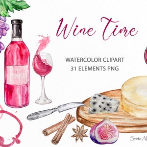 May include: Watercolor clipart set of 31 elements for wine time. Includes a bottle of wine, a glass of wine, grapes, cheese, figs, cinnamon sticks, star anise, and wine stains.
