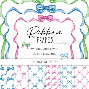 Clipart di fiocchi di nastro acquerello / Fiocco rosa e azzurro / Carta digitale Grandmillennial / Clipart di cornici con nastri vintage / Baby Shower Nursery Cute PNG