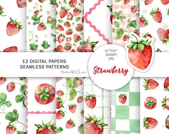 Watercolor Strawberry digital paper | Red Berry seamless patterns | Summer Fruits | Fresh Sweets Printable Digital Paper | Garden berry