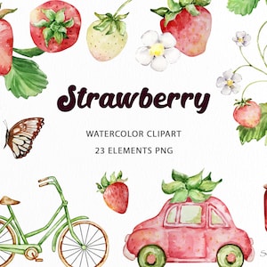 Clipart fraise aquarelle | Fruits Verdure Eté Printemps Clipart | Feuilles et fleurs de baies de jardin | fruits rouges | fraises jolie voiture