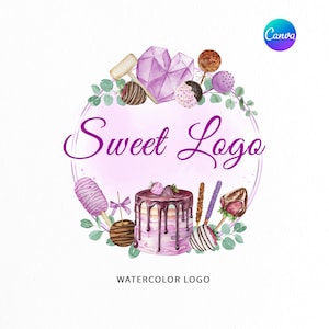 Heart Breakable Logo | Watercolor Strawberry Logo | Chocolate Cake | Sweet Treats Premade Logo | Cake Pops Logo | Bakery logo | Purple Logo