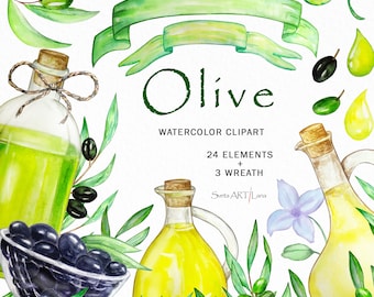 Watercolor Olive Clipart | Greenery Wreath Clipart | Olive Oil png | Olive Laurel Branch |  vegetarian | farmhouse clipart | healthy