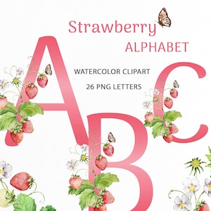 Alfabeto de fresas (imágenes prediseñadas) / Fresa de acuarela / Letras rojas / Imágenes prediseñadas de bayas de verano / Letras de flores y fresas / Iniciales de frutas