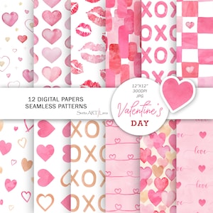 Watercolor Hearts digital papers | Red and pink Valentines Day seamless patterns | Love background | Romantic modern Printable Digital Paper