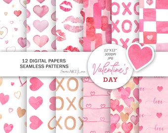 Watercolor Hearts digital paper | Red and pink Valentine's Day seamless patterns | Love background | Valentine Printable Digital Paper