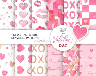 Papeles digitales de corazones de acuarela / Patrones sin costuras del Día de San Valentín en rojo y rosa / Fondo de amor / Papel digital imprimible moderno romántico