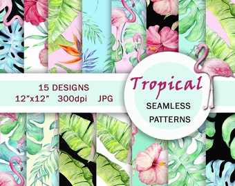 Tropical Digital Paper | Watercolor Tropical Background | Pink Flamingo Seamless Pattern | Tropical Flowers Paper | Monstera Leaf patterns