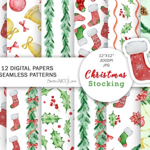 May include: Twelve digital paper seamless patterns featuring Christmas stocking, holly, pine branches, bows, bells, and ornaments. The patterns are in red, green, white, and gold colors. 12" x 12", 300 DPI, JPG.
