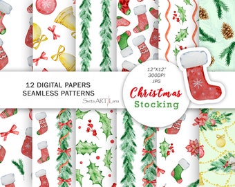 Christmas Stocking Digital Paper | Watercolor Holly Christmas | Winter Seamless pattern | holiday paper | Christmas Floral | Winter Greenery