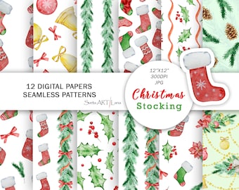Può includere: Una collezione di 12 carte digitali con motivi natalizi senza cuciture, illustrazioni ad acquerello di calze rosse e verdi, campane dorate, rami di pino, foglie di agrifoglio, bacche e ornamenti. Testo: 12 DIGITAL PAPERS SEAMLESS PATTERNS 30cm x 30cm 300DPI JPG Christmas Stocking.