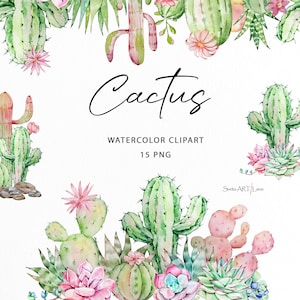 Clipart cactus aquarelle | Cadres cactus | Bordure de verdure de cactus mexicains | plantes florales du désert | Compositions de cactus png | Plante botanique