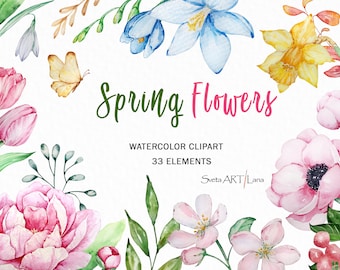 Watercolor Spring flowers clipart, Rustic, Tulips, daffodils, Wedding Invitation Floral design, Mothers day, botanical illustration