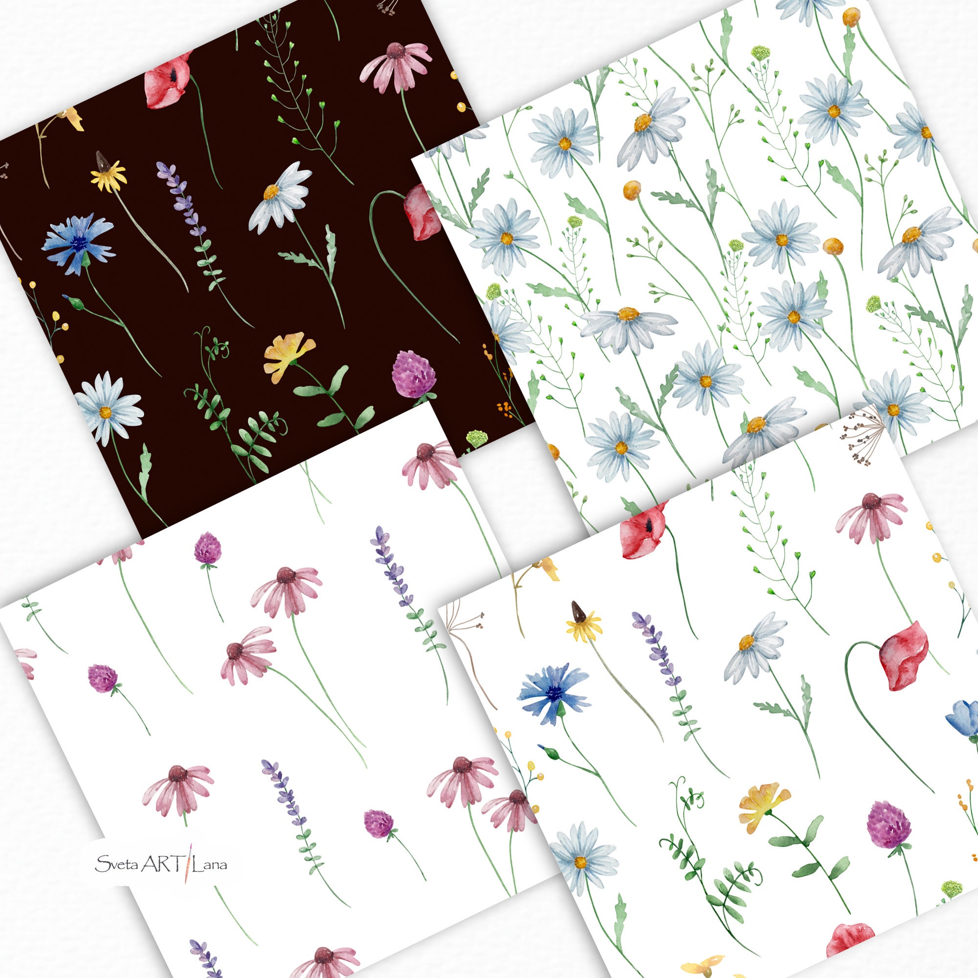 Wildflowers Digital Papers | Seamless Patterns Botanical | Watercolor ...