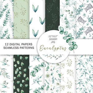 Watercolor eucalyptus digital paper clipart | Floral seamless pattern | Greenery paper | Elegant botanical background | Farmhouse decor