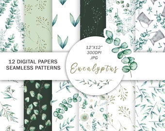 Watercolor eucalyptus digital paper clipart | Floral seamless pattern | Greenery paper | Elegant botanical background | Farmhouse decor
