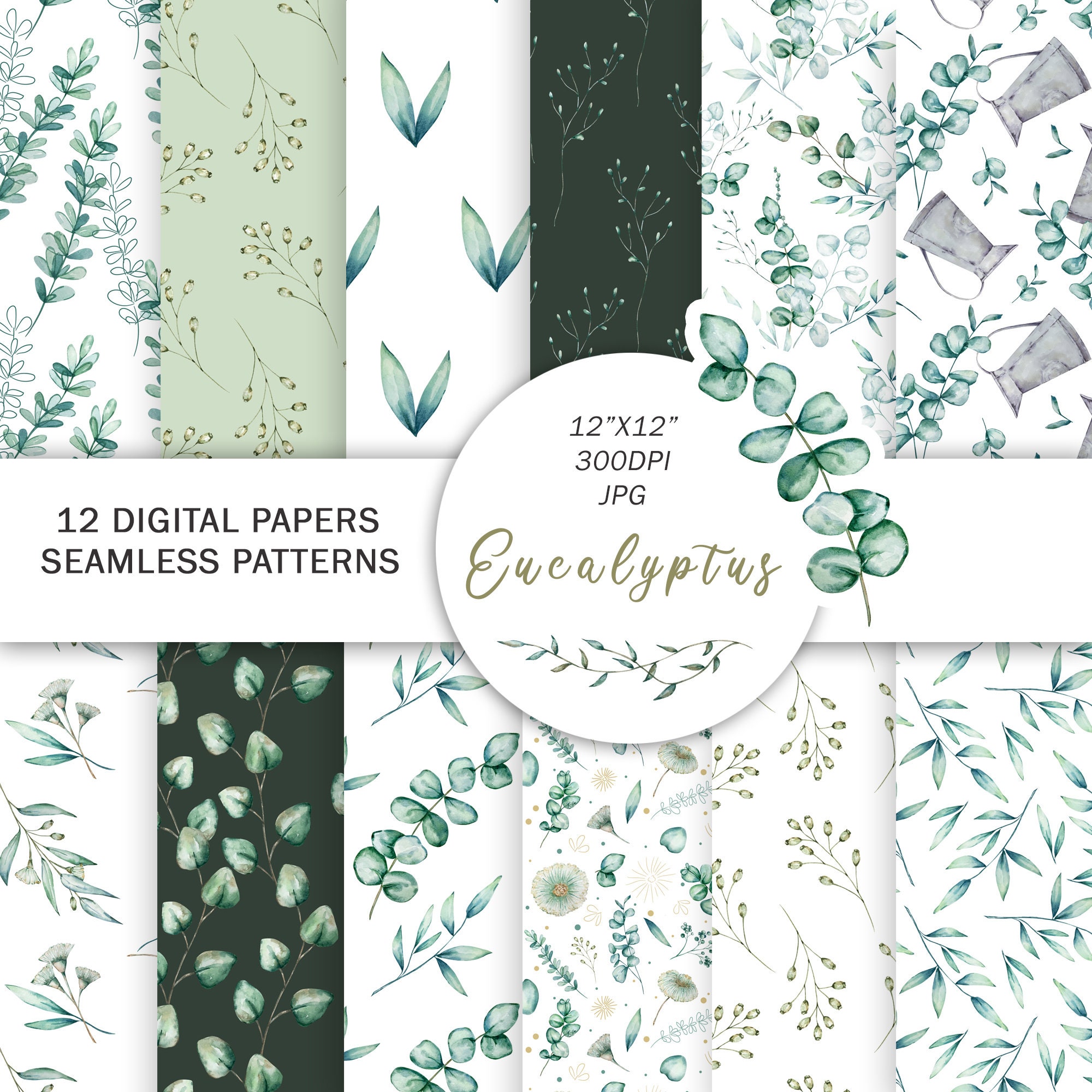 Watercolor Eucalyptus digital papers | Wild Floral paper | Eucalyptus seamless patterns | Boho Greenery background | Elegant paper design