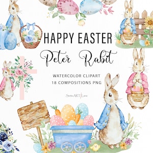 Peter Kaninchen Frohe Ostern Clipart | Aquarell Kaninchen PNG | Ostern Blumenkreuz |  Niedliche Hase Ostern Zusammensetzung png | Karte fürs Kinderzimmer