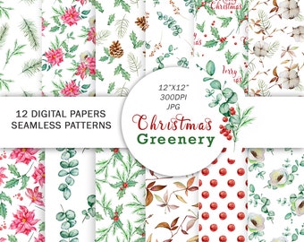 Watercolor Christmas Greenery digital paper, Seamless Pattern, Red Polka Dot, winter flowers, merry christmas, Eucalyptus, Holly berry